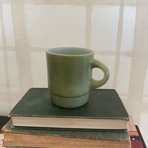 Anchor Hocking Fire King Stackable Green Mid Century Milk Glass Mug